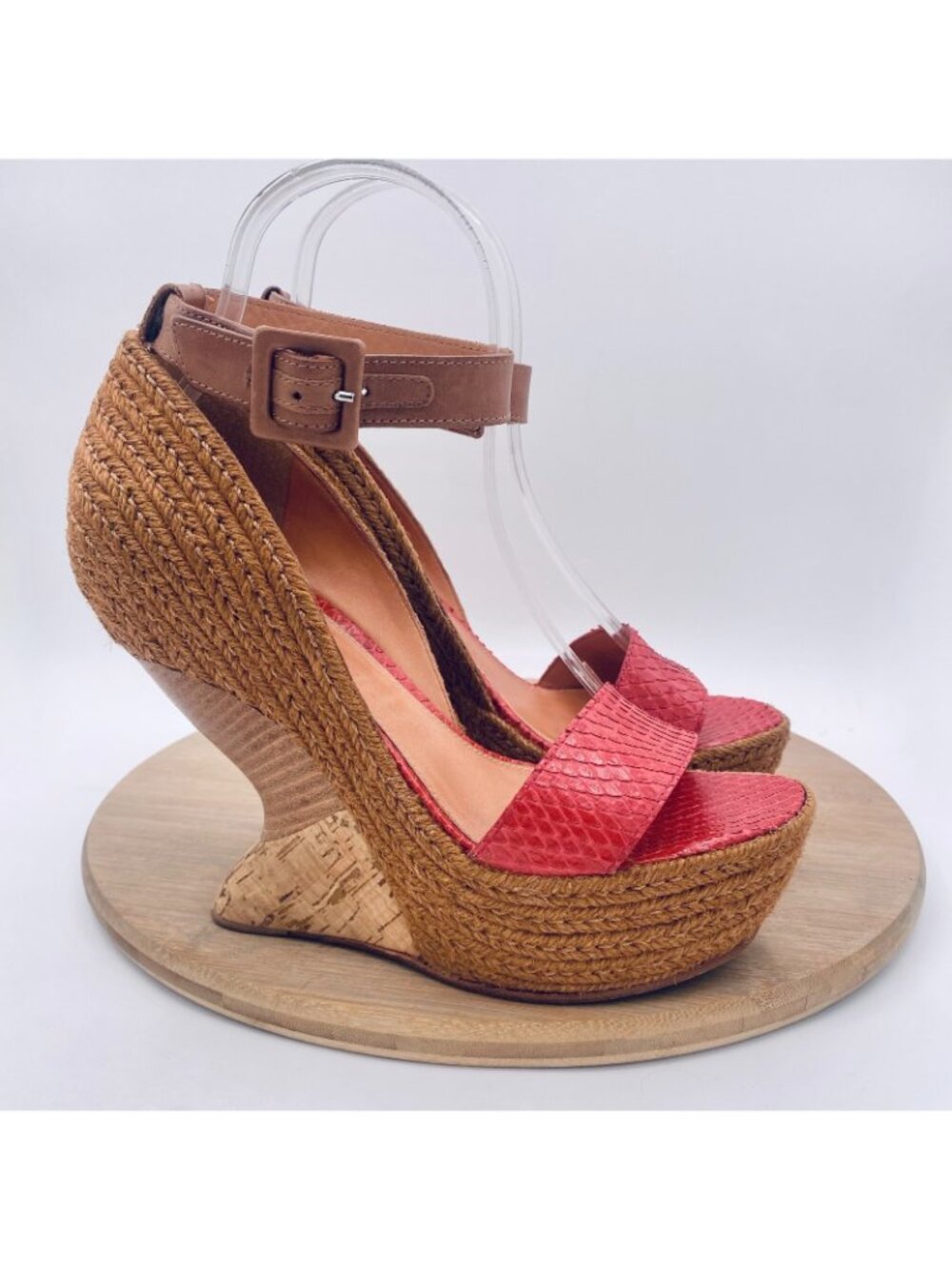 Anthropologie Lifsdottir Shoes Womens 7.5 38 Red Snakeskin Leather Wedge Heels - Picture 7 of 13